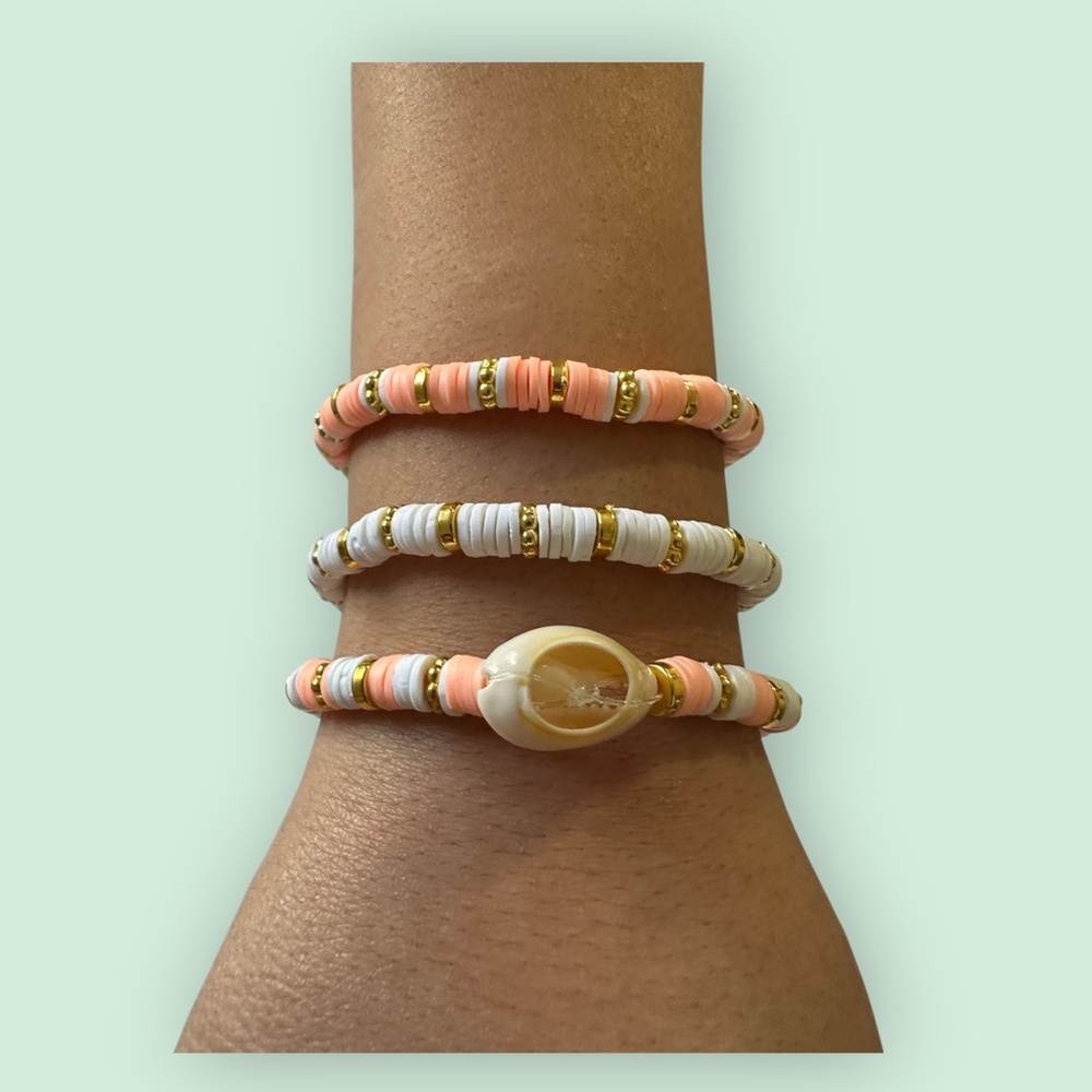 Coastal Beaded Bracelet Set of 3 | Peach, White & Gold | Cowrie Shell Accent